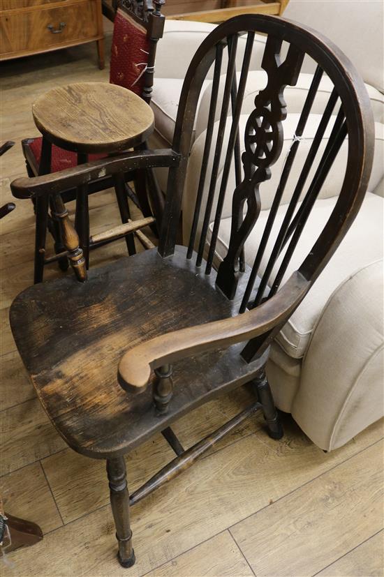 A wheel back stick back chair plus bar stool